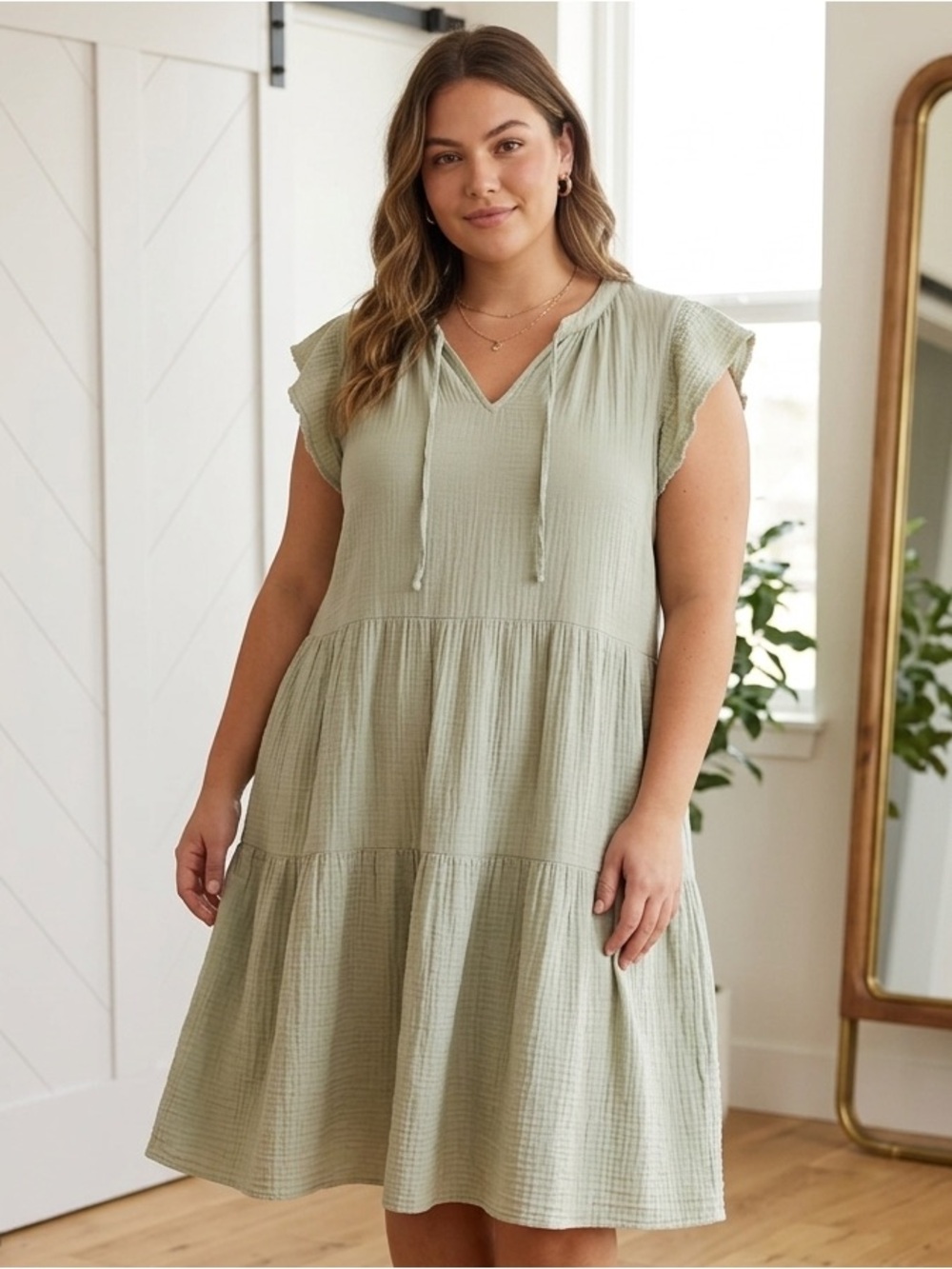 Wonderly Light Sage Tiered Cotton Gauze Midi Dress Coastal Spring Summer